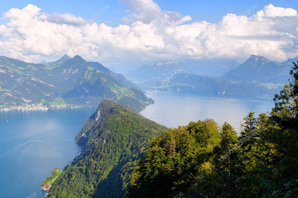 View of Lake Lucerne in the swiss Alps mountains, Switzerland, as seen from Burgenstock to south