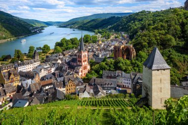 Bacharach am Rhein, Almanya, Eski şehir manzarası ve Ren nehri vadisi çevresindeki üzüm bağlarından