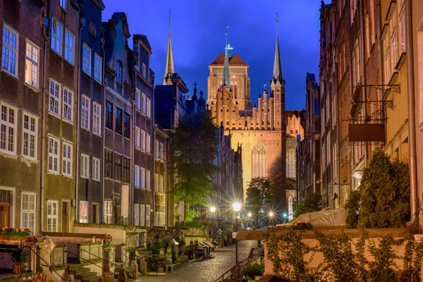 Nachtansicht Der Mariacka Straße Mit Marienkirche Der Altstadt Von Danzig — Stockfoto