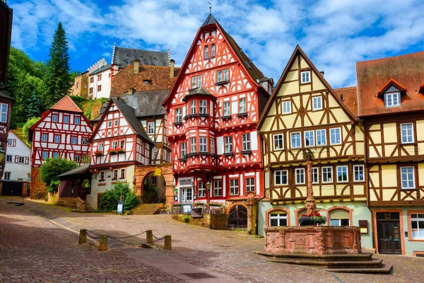 Tarihi Miltenberg Bavyera Almanya Yarı Keresteli Renkli Gotik Evler Miltenberg — Stok fotoğraf