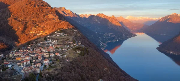 Panoramic Sunset View Lake Lugano Monte Bre Swiss Alps Mountains — Stok Foto