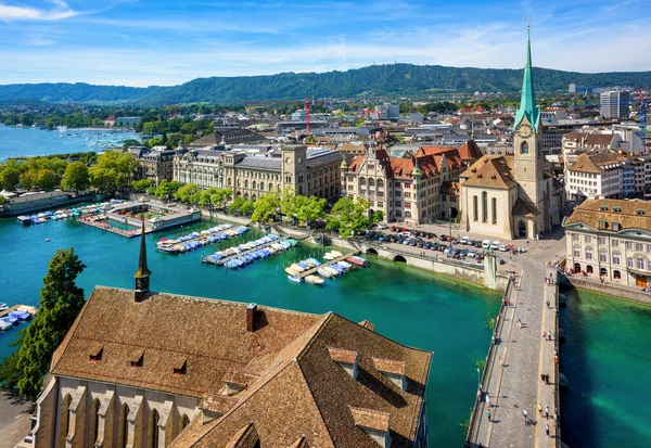 Kota Tua Zurich Gereja Fraumunster Jembatan Atas Sungai Limmat Dan — Stok Foto