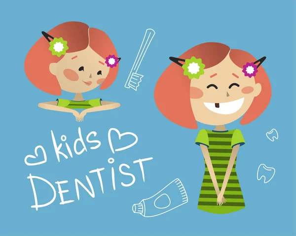 Dişi olmayan sevimli küçük bir kız. Diş muayenesi. Pediatrik dişçilik için vektör illüstrasyonu — Stok Vektör
