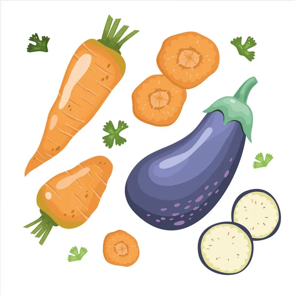 Zanahorias y berenjenas. Verduras orgánicas frescas enteras y en sección. Comida saludable, dietética y vegetariana. Ilustraciones vectoriales para menús, recetas — Archivo Imágenes Vectoriales
