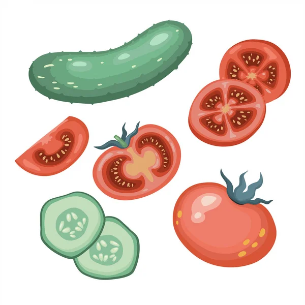 Gurkor och tomater. Hela gurka och tomat, halv, skivad. Färska ekologiska grönsaker. Hälsosam, kost, vegetarisk mat. Vektor illustrationer isolerade på en vit bakgrund — Stock vektor