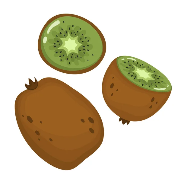 Frutas jugosas de kiwi para un estilo de vida saludable. Kiwi, fruta entera y media. Ilustración vectorial en estilo de dibujos animados sobre una capa aislada para cualquier diseño — Archivo Imágenes Vectoriales