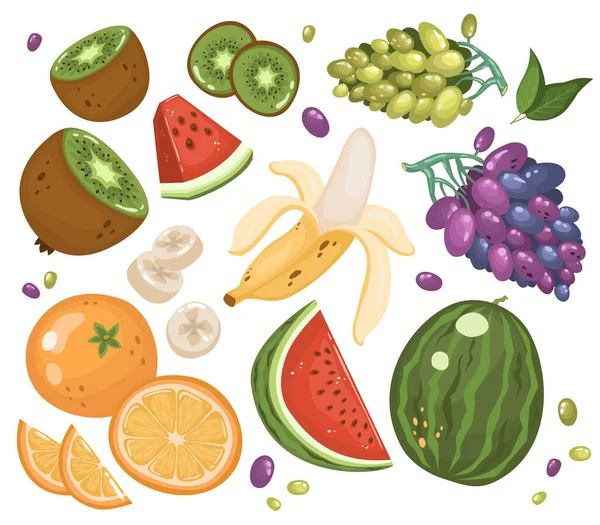 Meyve Seti Sağlıklı Vejetaryen Yemekleri Muz Kivi Karpuz Portakal Üzüm — Stok Vektör