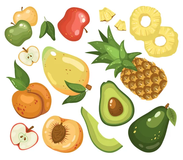 Fruktuppsättning Friska Vegetariska Livsmedel Mango Ananas Äpplen Persika Avokado Vektor — Stock vektor