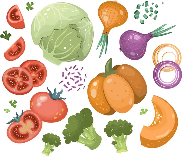 Uppsättning Vegetabiliska Ikoner Tecknad Stil Vektorsamling För Jordbruksprodukter Restaurangmenyer Etiketter — Stock vektor