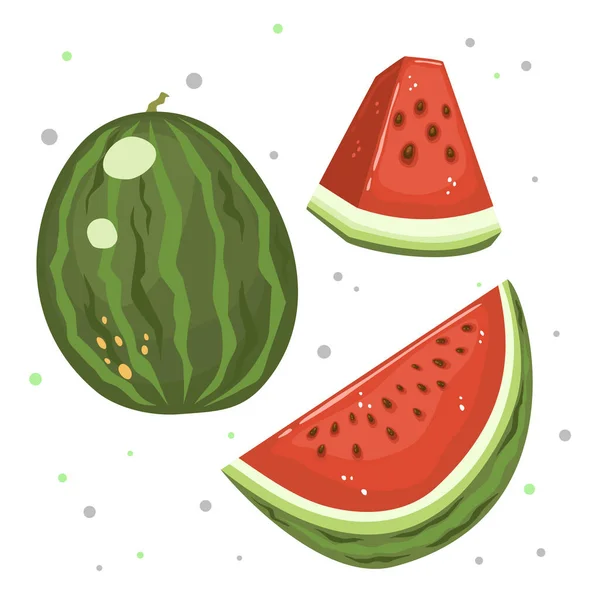 Vattenmelon Och Saftiga Skivor Vattenmelon Vektor Illustration Platt Stil Isolerad — Stock vektor