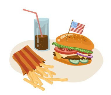 Parlak iştah açıcı Amerikan fast food. Hamburger, patates kızartması ve kola. Çizgi film tarzında vektör illüstrasyonu menüler, tarifler ve uygulamalar için kullanılabilir