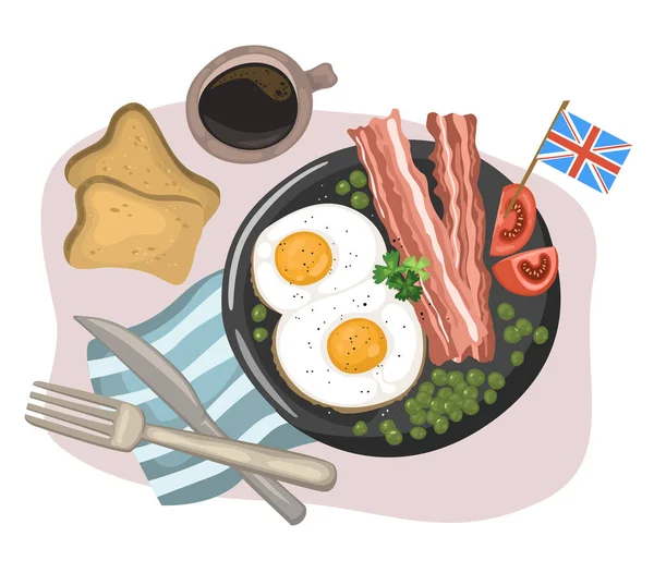 Petit Déjeuner Anglais National Composé Œufs Brouillés Avec Bacon Pain — Image vectorielle