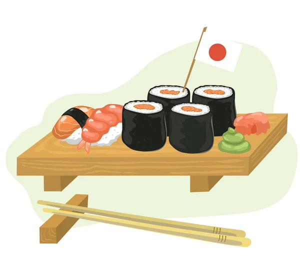Cozinha Nacional Japonesa Sushi Delicioso Rolos Suporte Madeira Ilustração Vetorial — Vetor de Stock