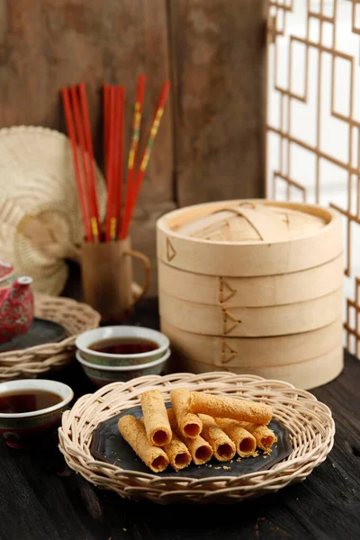Gofri Tojástekercs Kínai Édesség Népszerű Snack Szolgált Családi Összejövetel Kínai — Stock Fotó