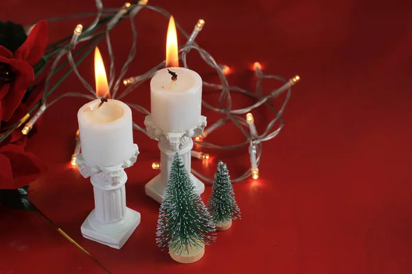 Röd Jul Dekoration Med Ljus Kopiera Utrymme För Text — Stockfoto