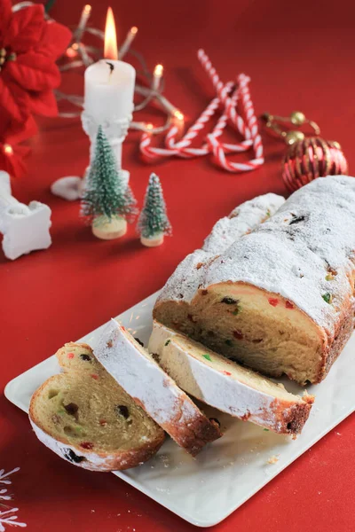 Christmas Stollen Rustic Background Traditional Christmas Festive Pastry Dessert German — Stock Photo, Image