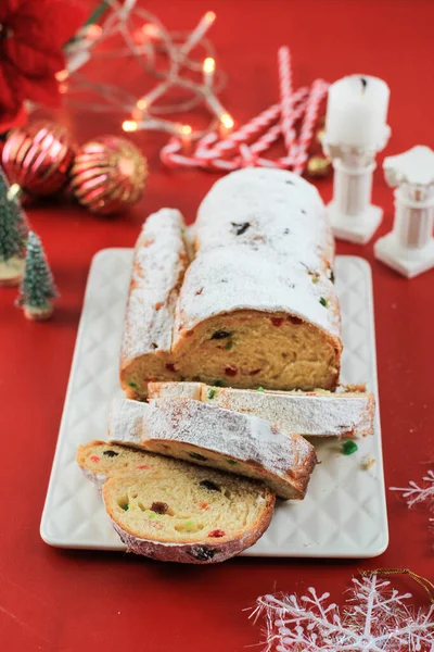 Christmas Stollen Rustic Background Traditional Christmas Festive Pastry Dessert German — Stock Photo, Image