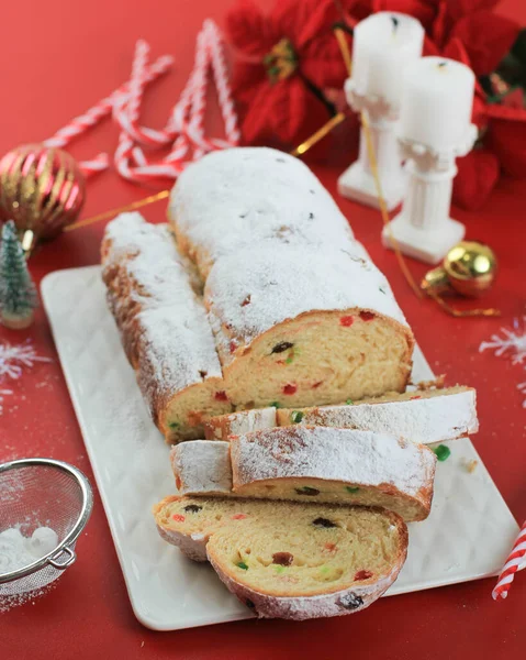 Christmas Stollen Rustic Background Traditional Christmas Festive Pastry Dessert German — Stock Photo, Image