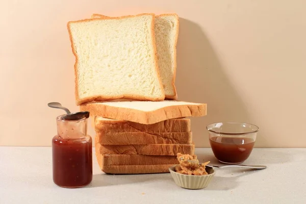 Sliced Bread Bake Butter Jam Simple Breakfast Copy Space Text — Stock Photo, Image