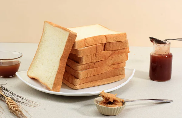 Sliced Toast Loaf White Bread Shokupan Roti Tawar Breakfast Wooden — Stock Photo, Image