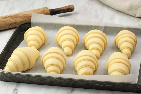 Process Making Domestic Croissant Raw Croissant Preparation Baking Home — Stock fotografie