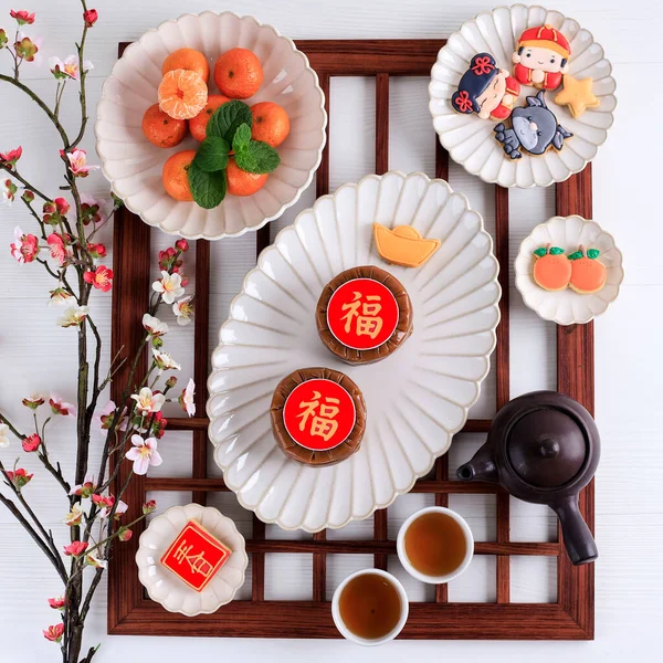 Top View Çin Yeni Yıl Pastası Çince Harfi Fortune Anlamına — Stok fotoğraf
