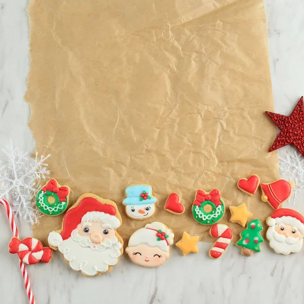 Various Shape Homemade Christmas Sugar Cookies Copy Space Text — Stock Photo, Image