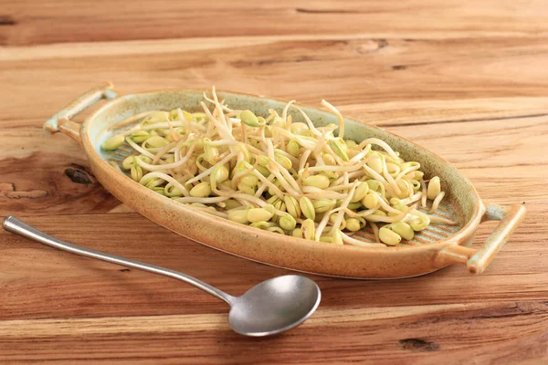 Pile Soy Bean Sprouts Ceramic Plate Wooden Table — Foto Stock