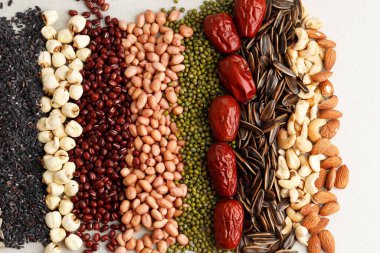 Raw Ingredients Making Laba Porridge, Chinese Traditional Congee Served at Laba Festival. Top View 