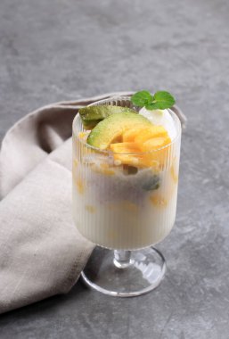 Es Teler, Es Teller, Es Campur. Indonesian Fruit Cocktail contain Avocado, Young Coconut Meat, Jackfruit, and Simple Syrup, served with Coconut Milk or Sweetened Condensed Milk.