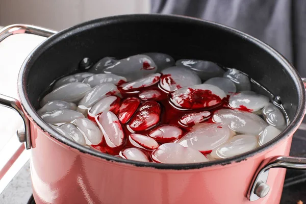 Cooking Process Making Manisan Kolang Kaling Pour Red Food Coloring — Stok fotoğraf