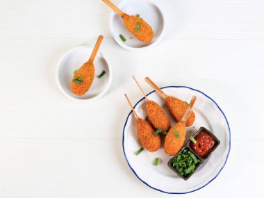 Selected Focus Chicken Sempol, Indonesian Food. Sempol is a Snack Made From Tapioca Flour and Chicken, and Served with Stick for Elementary School Snack