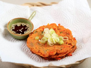 Korea Kimchi Pancake Kimchi Jeon with Soy Sauce, Close Up