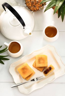 Top View Ananaslı Turta Pastası, Tayvanlı Meşhur Tatlı Tatlı Tatlı Yemekler Çayla, Kopya Uzay Tasarımı.