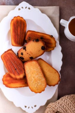 Beautiful Cookies Shell Madeleine Close-up on the Table, Madeleine with Chocolate Chips