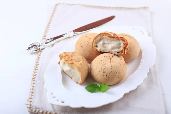 Japanese Mochi Bread Cream White Plate — Stock Fotó