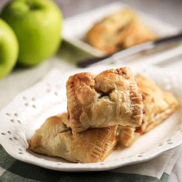 Puff Pastry Apple Pastry Turnovers Dessert White Plate Wooden Table — Stock Photo, Image