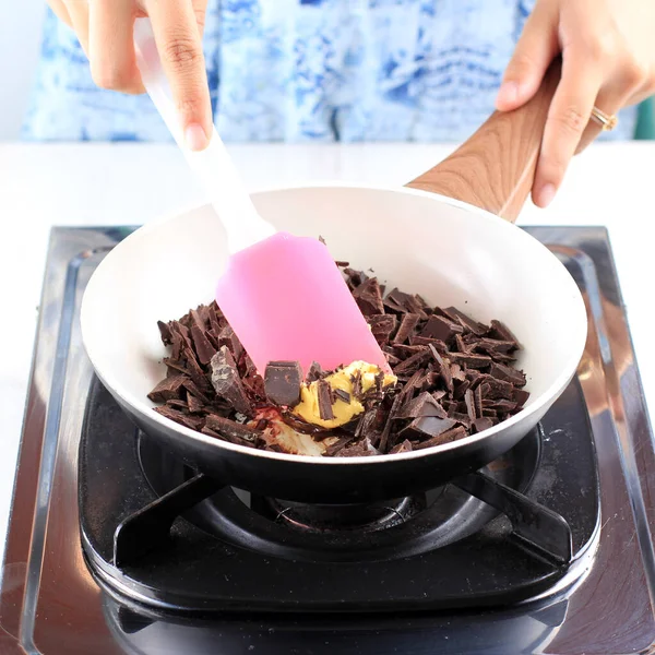 Mix Chocolate Butter Baking Process Melting Dark Cooking Chocolate Pan — Photo