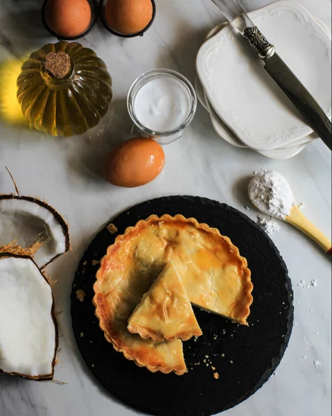 Selected Focus Coconut Pie Sliced Triangle Made Butter Flour Stuffed — Fotografia de Stock