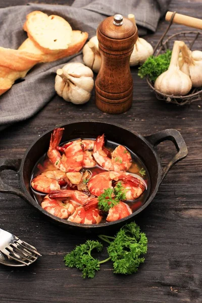 Shrimp Garlic Oil Gambas Ajillo Cast Iron Pan — 图库照片