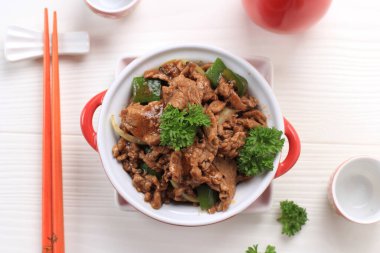 Top View Beef Black Pepper, Stir Fry Beef with Paprika, Chinese Cuisine 