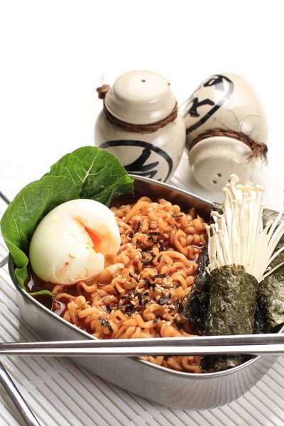 Spicy Korean Instant Ramen Ramyun Soft Boiled Egg Mushroom Nori — Photo
