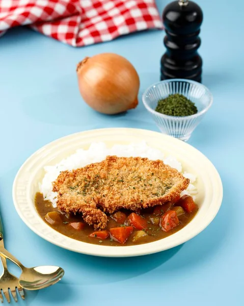 Gebakken Pork Cutlet Curry Met Rijst Japanse Food Style Blauwe — Stockfoto
