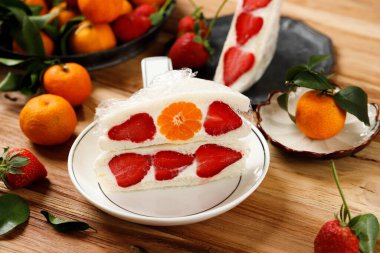 Japanese Syle Sweet Fruits Sandwich with Strawberry and Orange. Sweet Homemade Summer Breakfast Ichigo Fruit Sando clipart