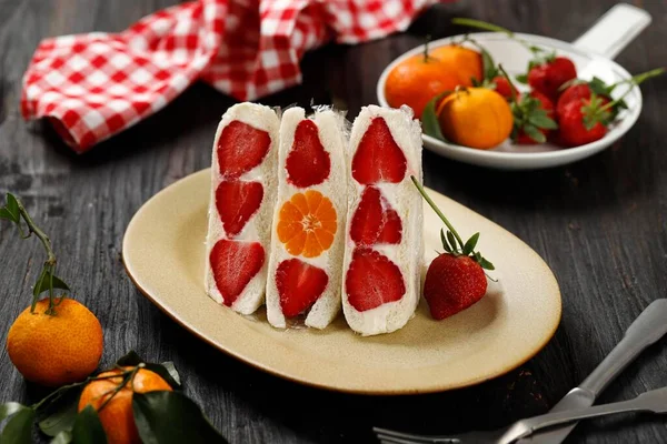 Japanese Fruits Sandwich Furutsu Sando on Wooden Background, Messy Styling