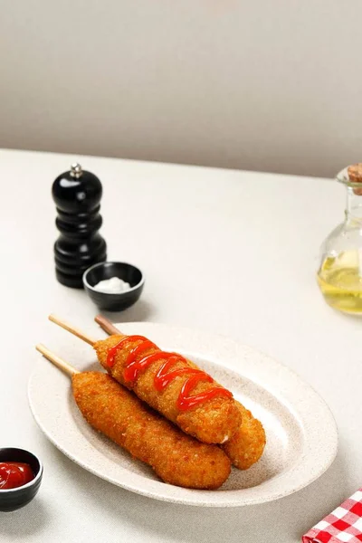 Corndog Avec Sauce Tomate Populaire Korean Street Food Espace Copie — Photo