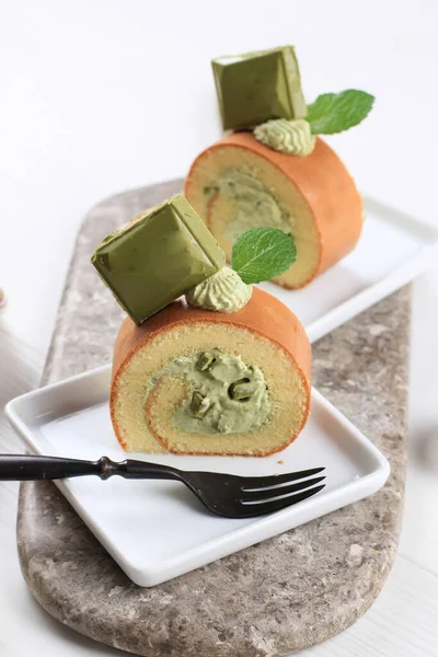 Japanse Groene Thee Matcha Roll Cake Met Chocolade Greentea Topping — Stockfoto