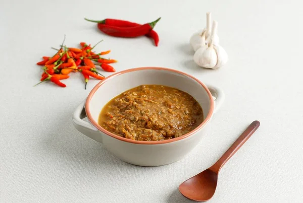 Sambal Tumpang Jest Tempe Pikantnym Pasty Kokosowej Chili Tradycyjne Indonezyjskie — Zdjęcie stockowe