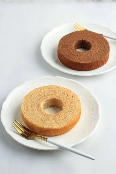Chocolate Vanilla Baumkuchen Tree Cake Log Cake Kind Spit Cake — Stock Photo, Image