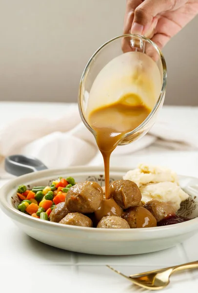 Pour Brown Mushroom Sauce Swedish Ikea Meatball Vegetable Lingeonberry Sauce — Stock Photo, Image